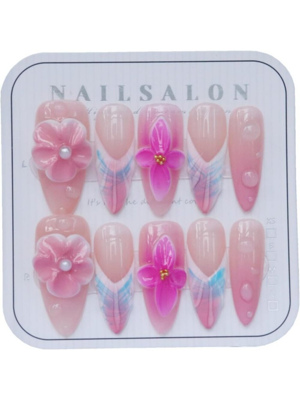 Gorgeous Long Stiletto Glossy Nude Pink Press-On Nails with 3D Floral Design